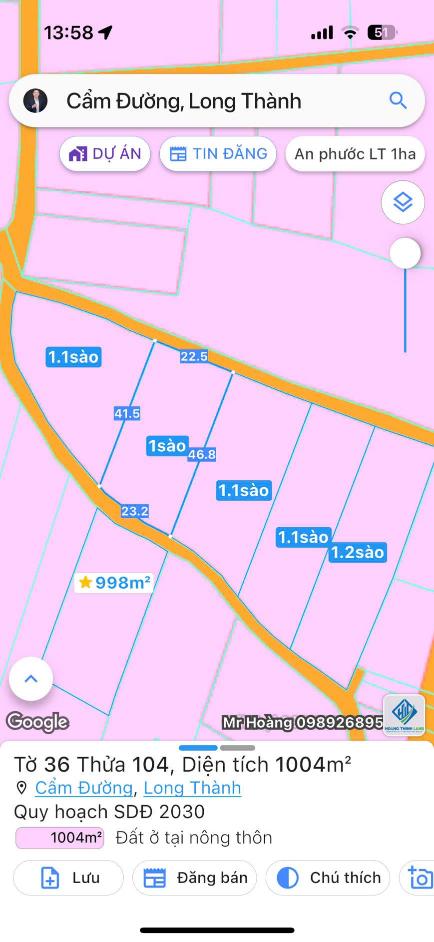  BÁN 5 LÔ ĐÂT 1000M² LIỀN KỀ 2 MẶT TIỀN ĐƯỜNG TẠI CẨM ĐƯỜNG LONG THÀNH LH TÀI 0921227788 