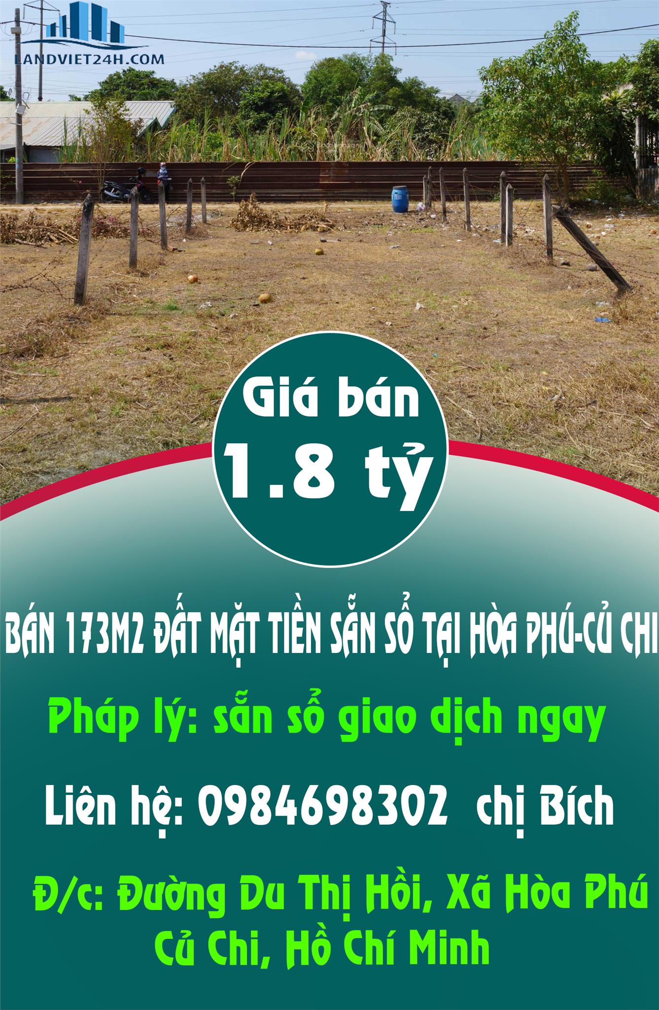  CHÍNH CHỦ BÁN 173M2 ĐẤT MẶT TIỀN SẴN SỔ TẠI HÒA PHÚ-CỦ CHI 