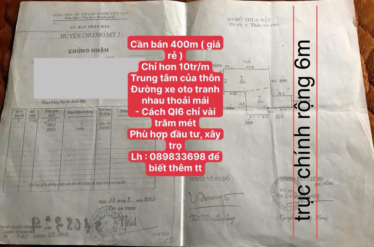  400m đất phú nghĩa-chương nỹ-hà nội
giá chỉ 15tr/m
phù hợp đầu tư,kinh doanh xây trọ 