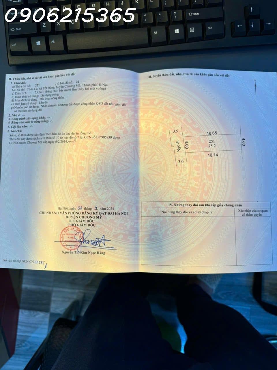  Cc gửi bán 75.2m2, MT=hậu 4.60m, đất tại Tốt Động, Chương Mỹ, Hà Nội, ô tô vào 