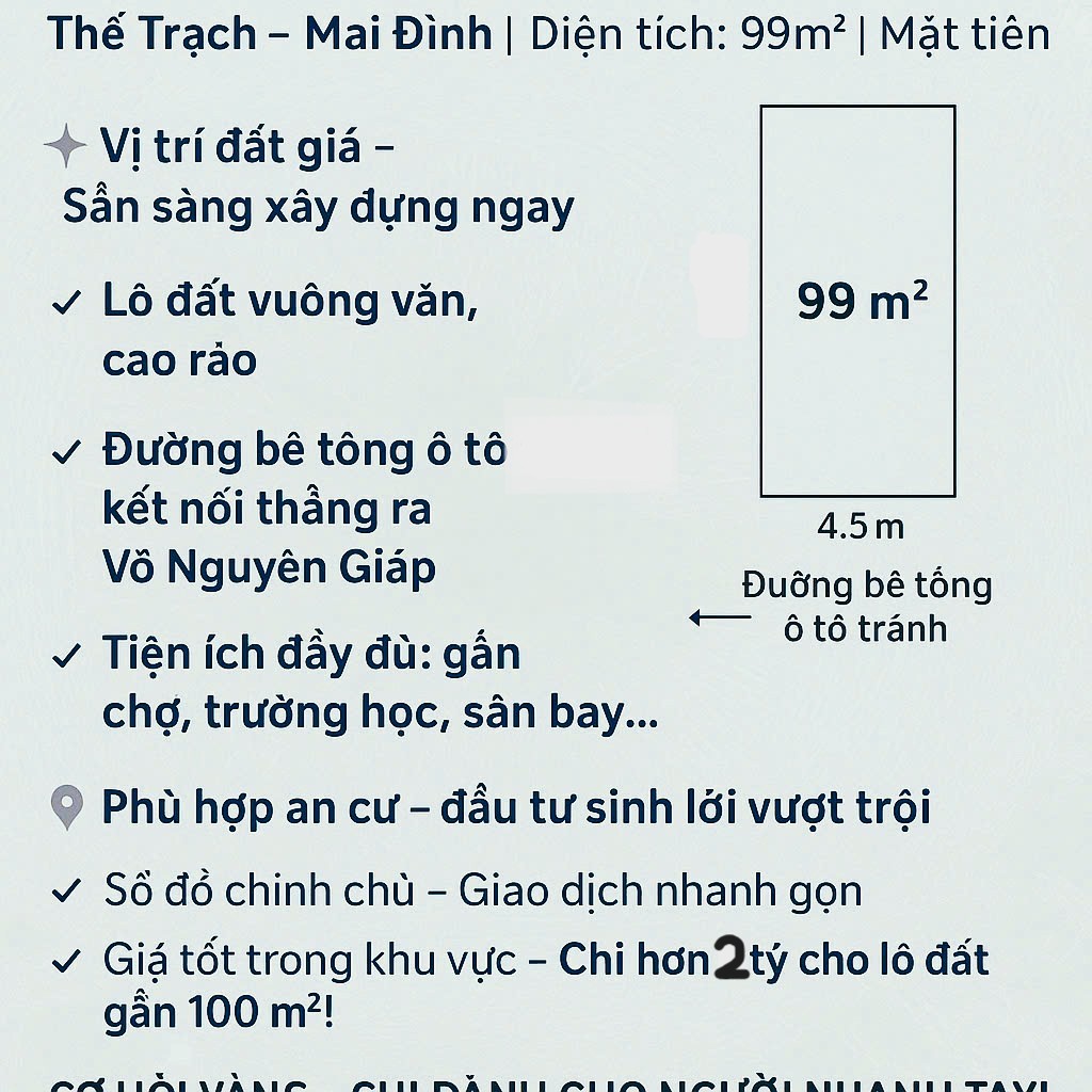  Mua đất Thế Trạch-Mai Đình giá rẻ alo e có ngay 99m ô tô nhỏ ngủ trong nhà. 