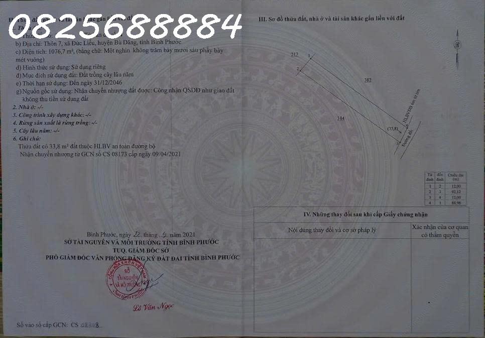  Cần tiền bán nhanh lô đất vườn điều,Thôn 7, Xã Đức Liễu, Bù Đăng.DT 1.076,7m2,giá đầu tư 
