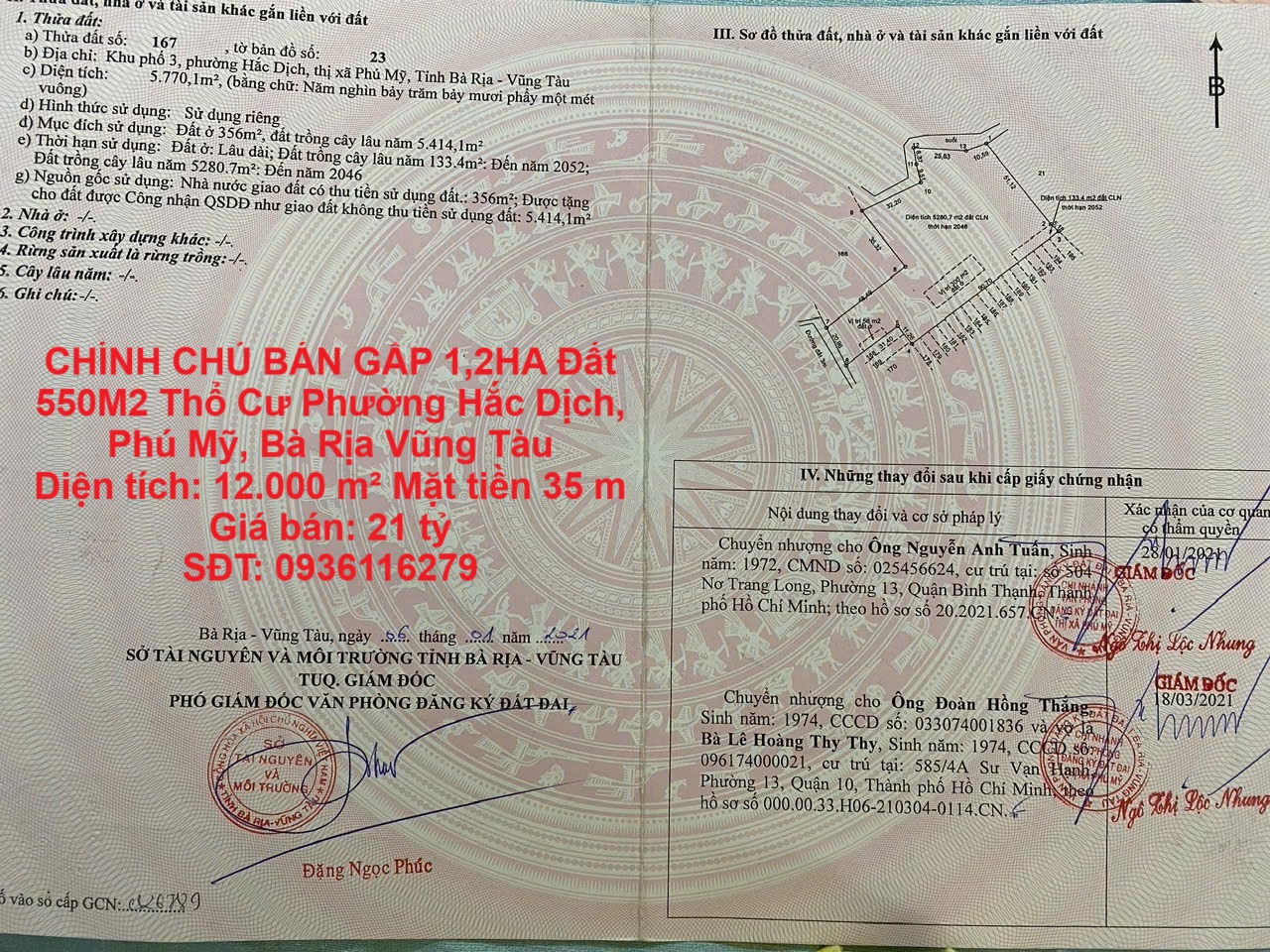  CHÍNH CHỦ BÁN GẤP 1,2HA Đất 550M2 Thổ Cư Phường Hắc Dịch, Phú Mỹ, Bà Rịa Vũng Tàu 