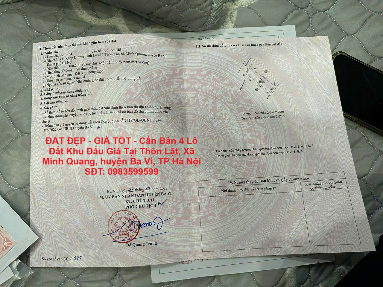  ĐẤT ĐẸP - GIÁ TỐT - Cần Bán 4 Lô Đất Khu Đấu Giá Tại Thôn Lặt, Xã Minh Quang, huyện Ba Vì, TP Hà Nội 