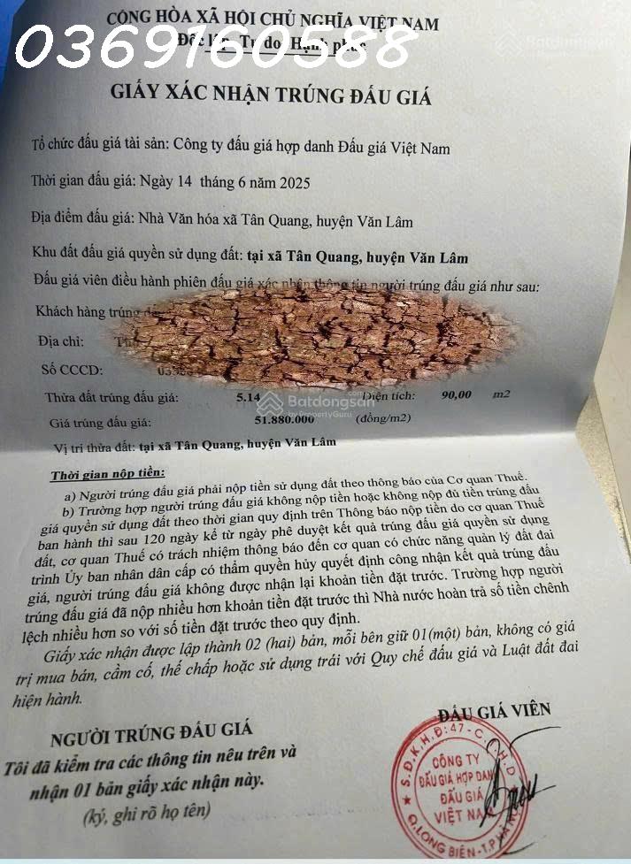  Bán đất đấu giá giãn dân Tân Quang - Văn Lâm - Hưng Yên (Chính chủ trúng đấu giá) 