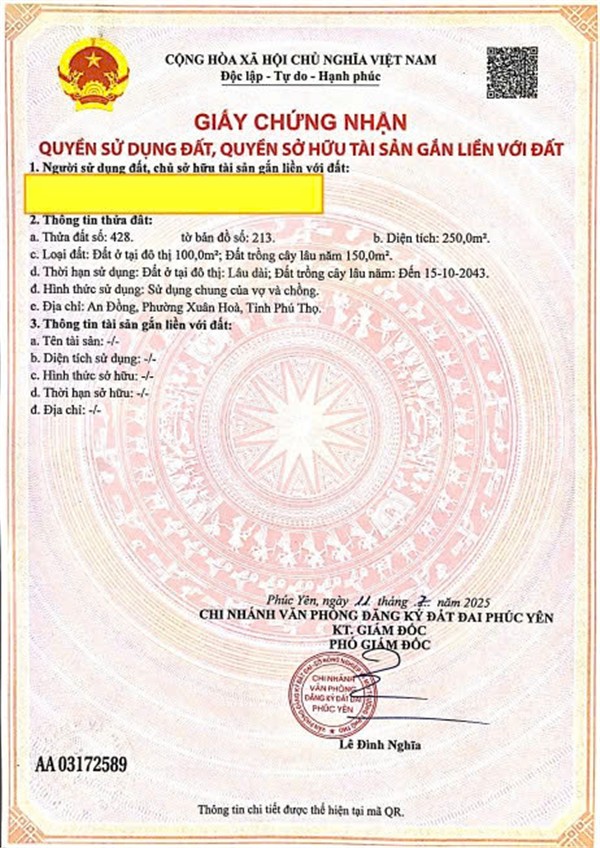  Chính Chủ Bán 250 m2 đất nhà ở đô thị Phường Xuân Hòa, Phú Thọ 