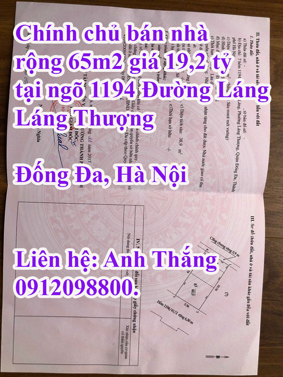  Chính chủ bán nhà rộng 65m2 giá 19,2 tỷ tại ngõ 1194 Đường Láng, Láng Thượng, Đống Đa, Hà Nội 