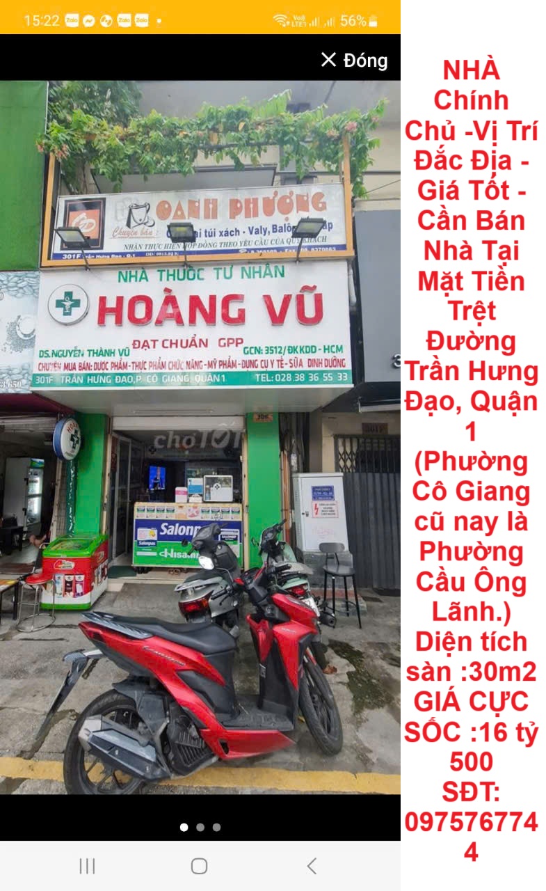  NHÀ Chính Chủ -Vị Trí Đắc Địa -  Giá Tốt - Cần Bán Nhà Tại Mặt Tiền Trệt Đường Trần Hưng Đạo, Quận 1 
