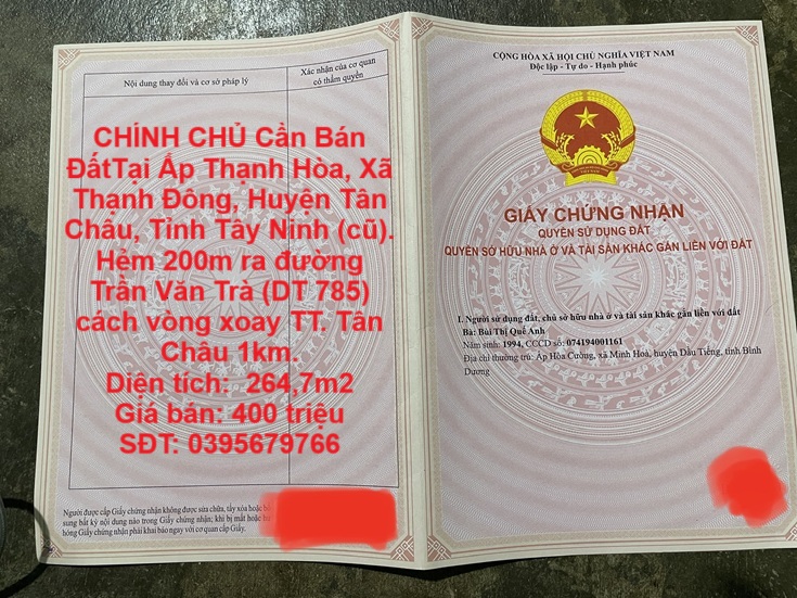  CHÍNH CHỦ Cần Bán ĐấtTại Ấp Thạnh Hòa, Xã Thạnh Đông, Huyện Tân Châu, Tỉnh Tây Ninh (cũ). 