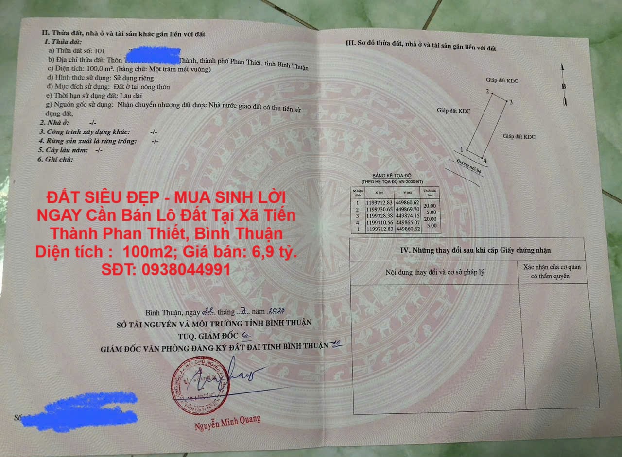  ĐẤT SIÊU ĐẸP - MUA SINH LỜI NGAY Cần Bán Lô Đất Tại Xã Tiến Thành Phan Thiết, Bình Thuận 