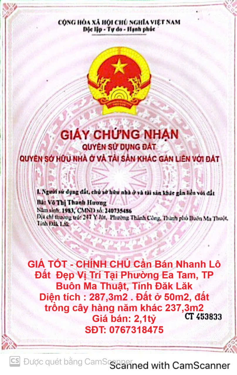  GIÁ TỐT - CHÍNH CHỦ Cần Bán Nhanh Lô Đất  Đẹp Vị Trí Tại TP Buôn Ma Thuật, Tỉnh Đăk Lăk 