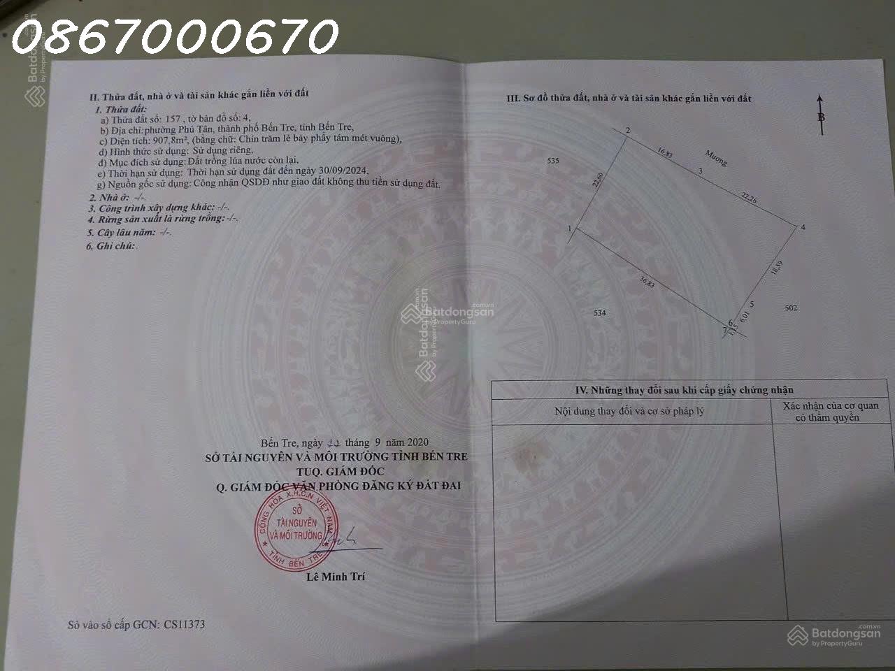  Cần tiền bán nhanh lô đất 907,8m2 tại Tường Đa, Châu Thành, Bến Tre, giá đầu tư 