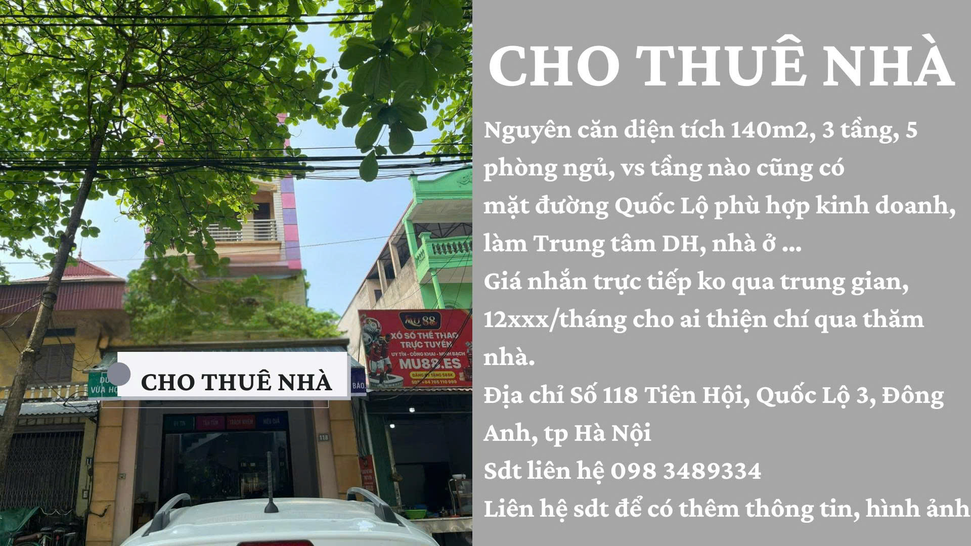 CHO THUÊ NHÀ NGUYÊN CĂN MẶT ĐƯỜNG TẠI SỐ 118 TIÊN HỘI, ĐÔNG ANH, HÀ NỘI 