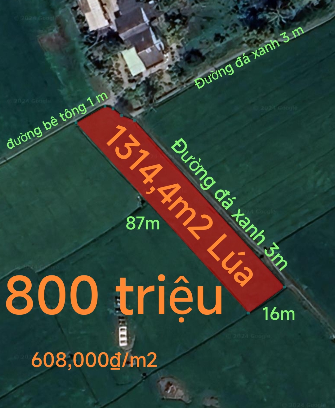  Bán gấp lô đất lúa hai mặt tiền xã Đức Tân giá 800 triệu 