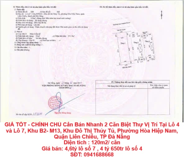  GIÁ TỐT - CHÍNH CHỦ Cần Bán Nhanh 2 Căn Biệt Thự  Vị Trí Tại Quận Liên Chiểu, TP Đà Nẵng 