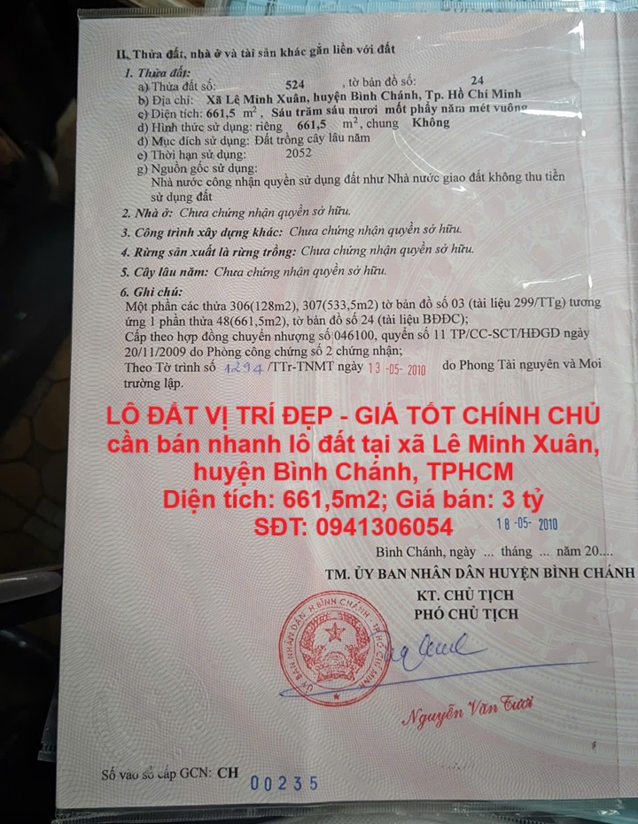  LÔ ĐẤT VỊ TRÍ ĐẸP - GIÁ TỐT CHÍNH CHỦ cần bán nhanh lô đất tại huyện Bình Chánh, TPHCM 