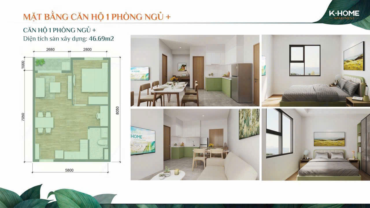  Bán căn hộ K‑Home 46,69m² – 1 phòng ngủ riêng, giá chỉ 978 triệu, vay ngân hàng dễ dàng 