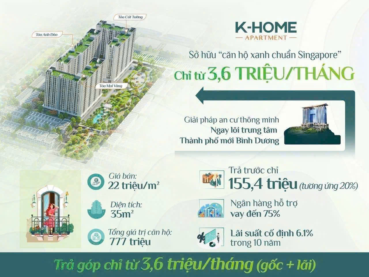  Căn hộ 1PN K‑Home VSIP2 – Không gian xanh, thiết kế thông minh, chỉ 978 triệu 