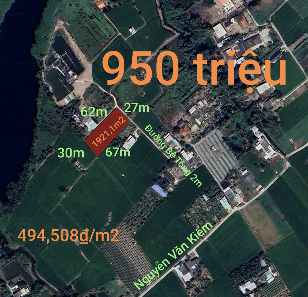  Bán lô đất lúa hai mặt đường  bê tông giá 950 triệu 