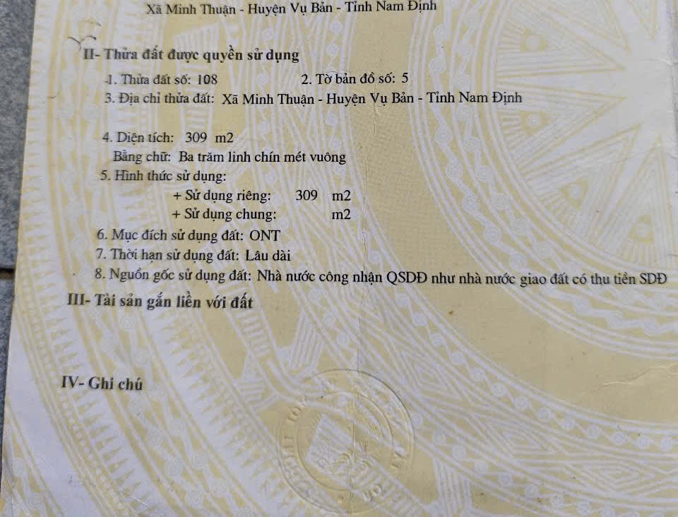  Chính chủ cần bán

(đất cả  nhà 2 tầng tại xã Minh Thuận , huyện Vụ Bản , tỉnh Nam Định ]: 