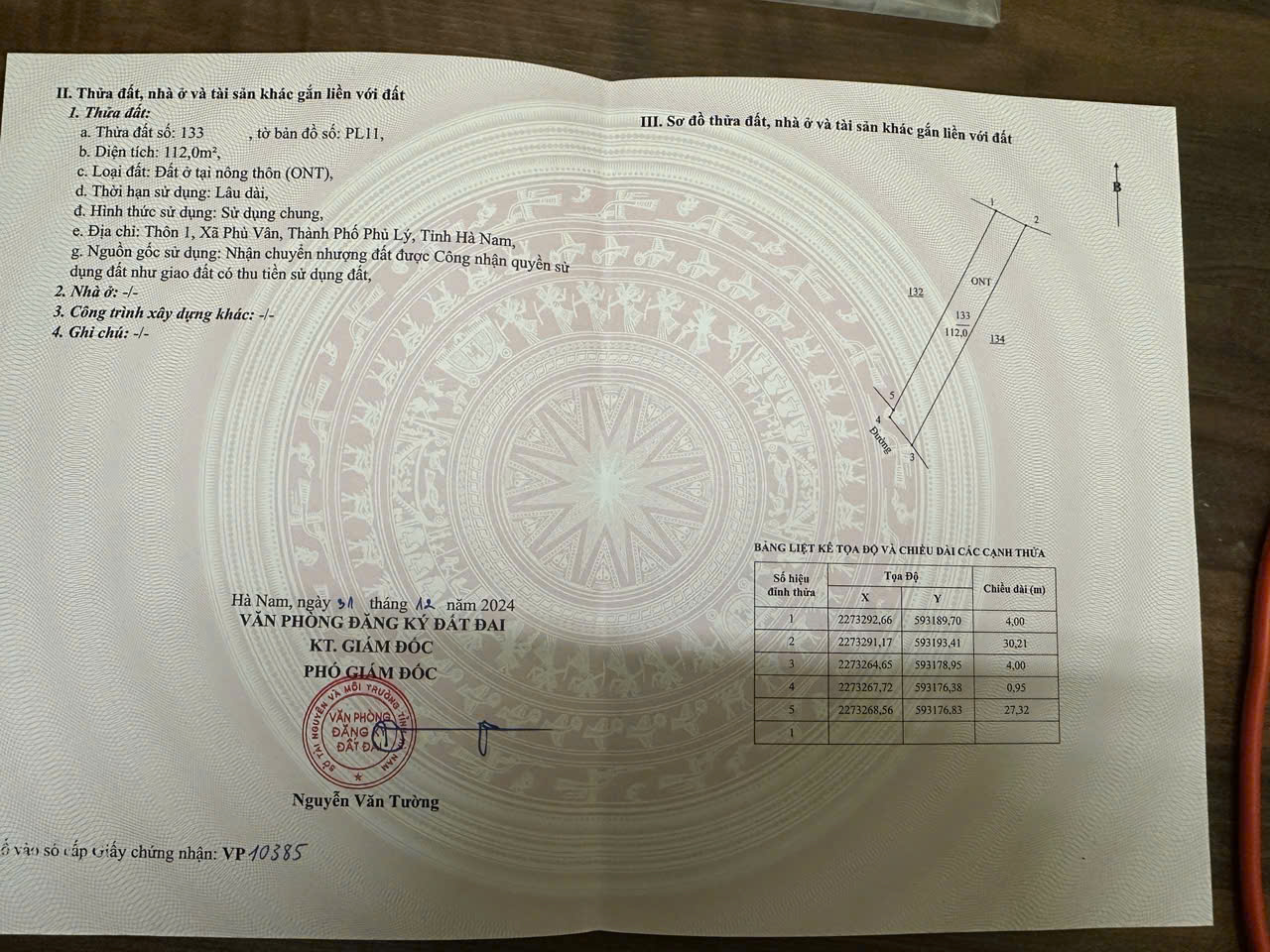  CHÍNH CHỦ BÁN LÔ ĐẤT ĐẸP – XÃ PHÙ VÂN, PHỦ LÝ, HÀ NAM 