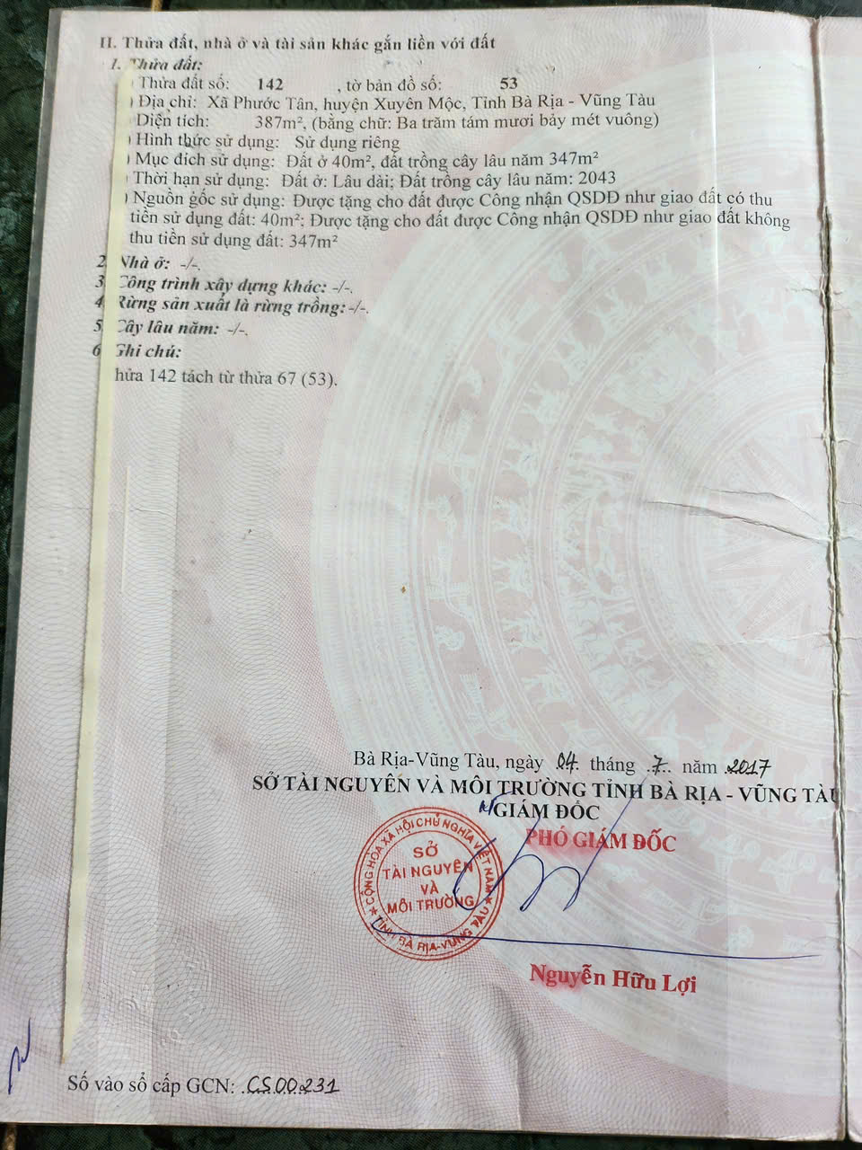  Chủ bán Đất phước tân xuyên mộc chợ cây Điệp chạy vào khoảng 200m 