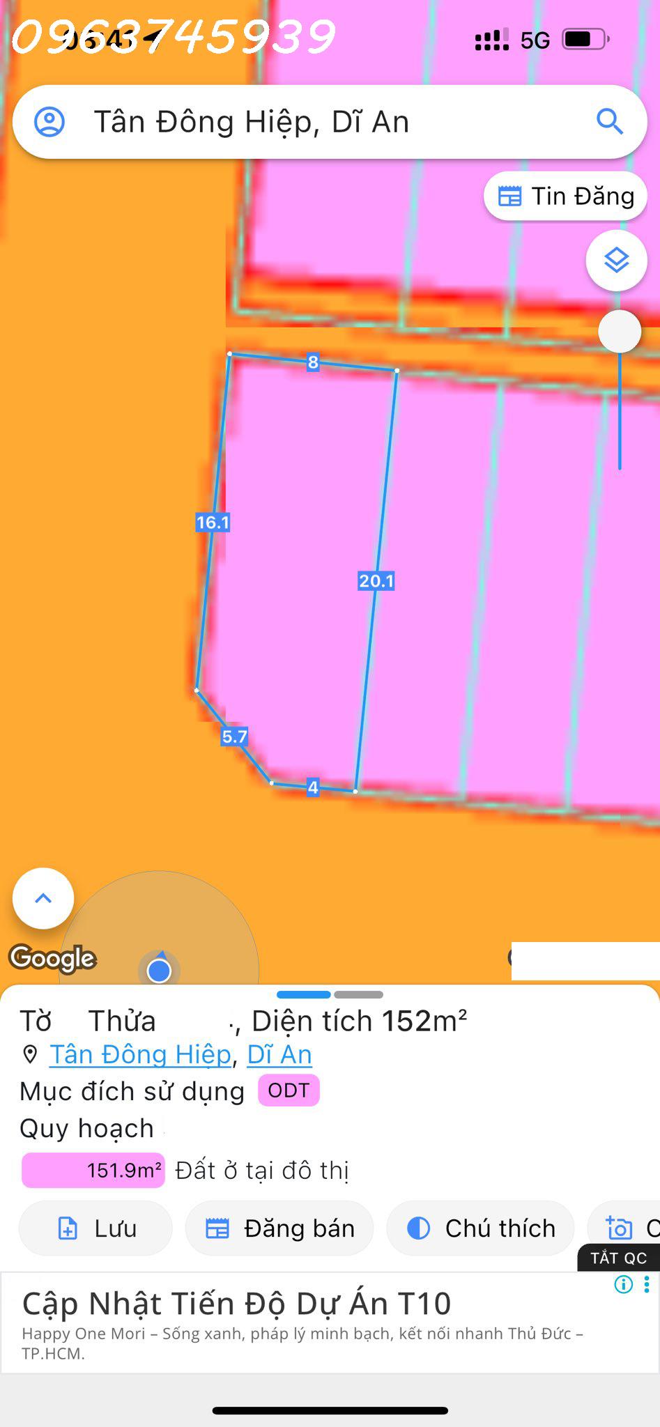  Đất Dĩ An 2 Mặt Tiền 8m Ngang, 152m2, Đường 10m, Tân Đông Hiệp, Giá 6 Tỷ 