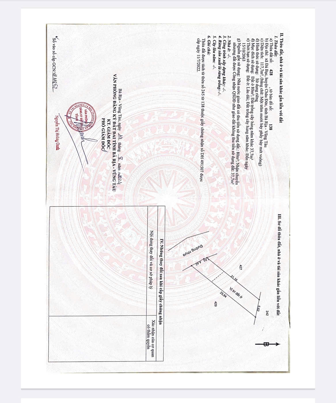  Chủ cần bán lô đất nhà vườn kế bên tỉnh lộ 765 Long Tân - Bà Rịa . 