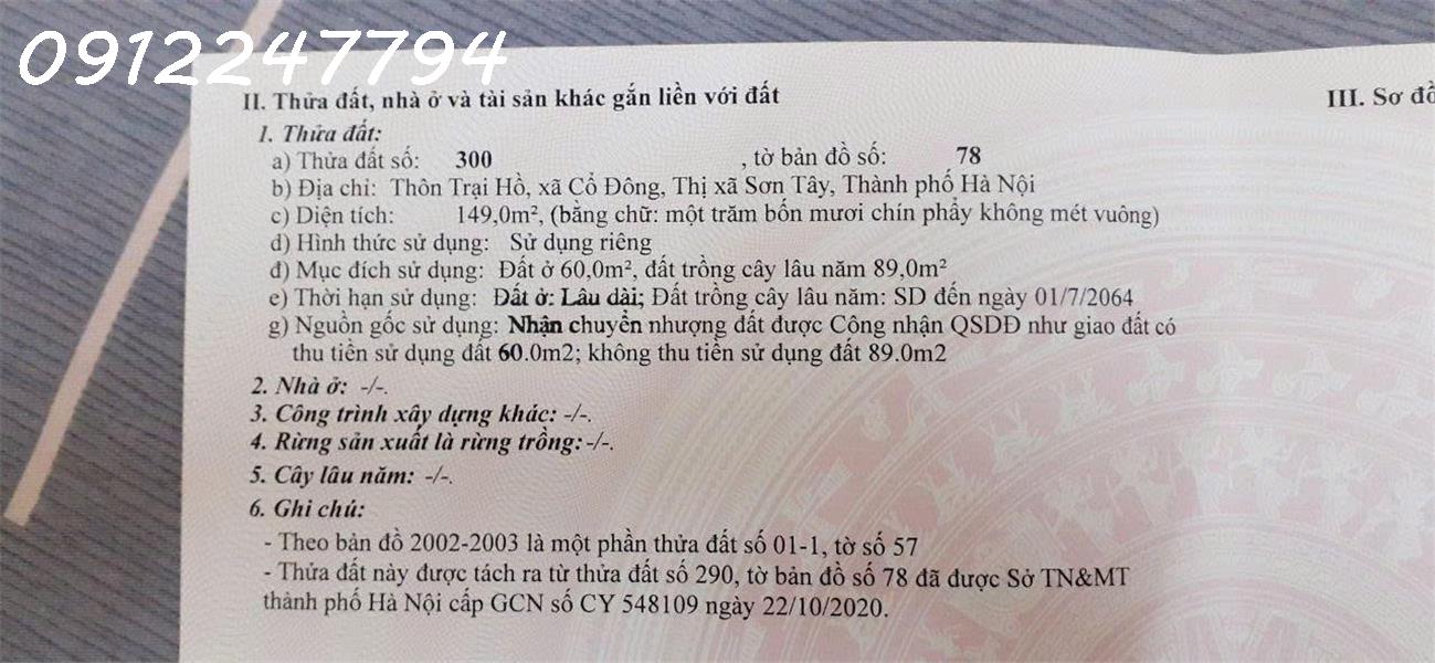  Chính chủ (không qua môi giới) bán đất thôn Trại Hồ, Cổ Đông, Sơn Tây, giá: 18tr/m2, 149m2 