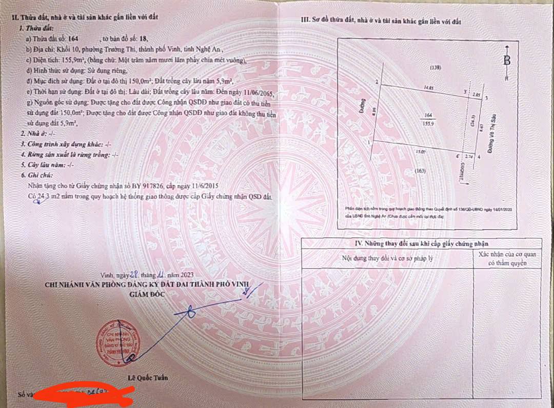  BÁN ĐẤT 156m2 MẶT ĐƯỜNG VÕ THỊ SÁU, PHƯỜNG TRƯỜNG THI, TP VINH 