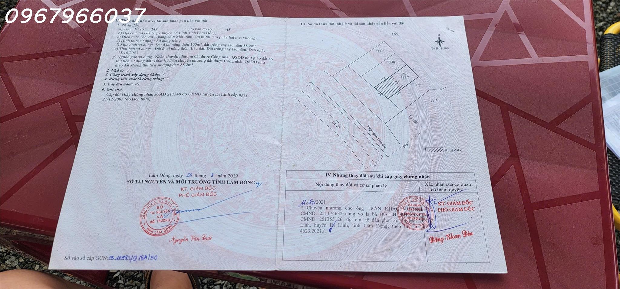  Chính chủ cần tiền bán nhah lô đất mặt tiền quốc lộ 20, đường đi Đà Lạt, 400m thổ cư 