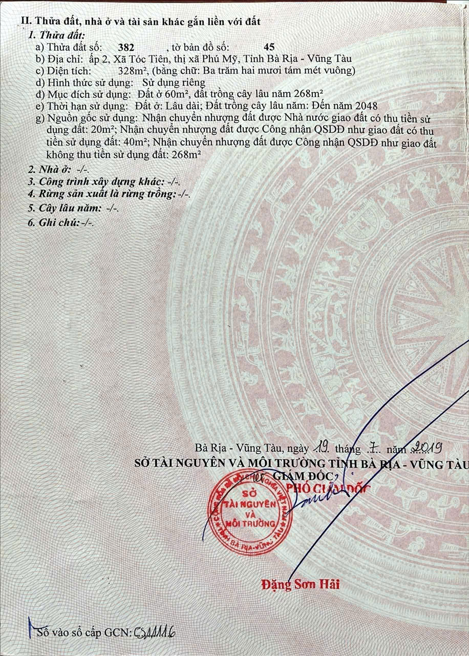  MT đường nhựa bên hông Trường cấp 2 Tóc Tiên. 