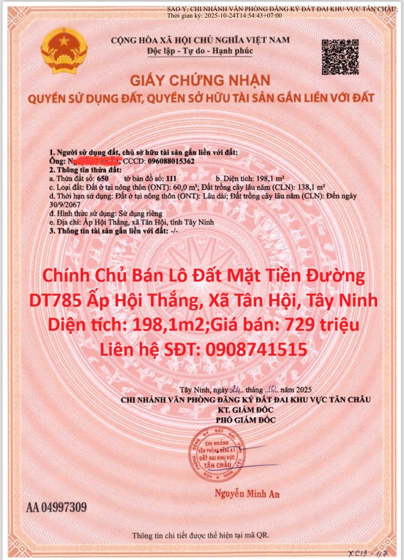  Chính Chủ Bán Lô Đất Mặt Tiền Đường DT785 Ấp Hội Thắng, Xã Tân Hội, Tây Ninh 