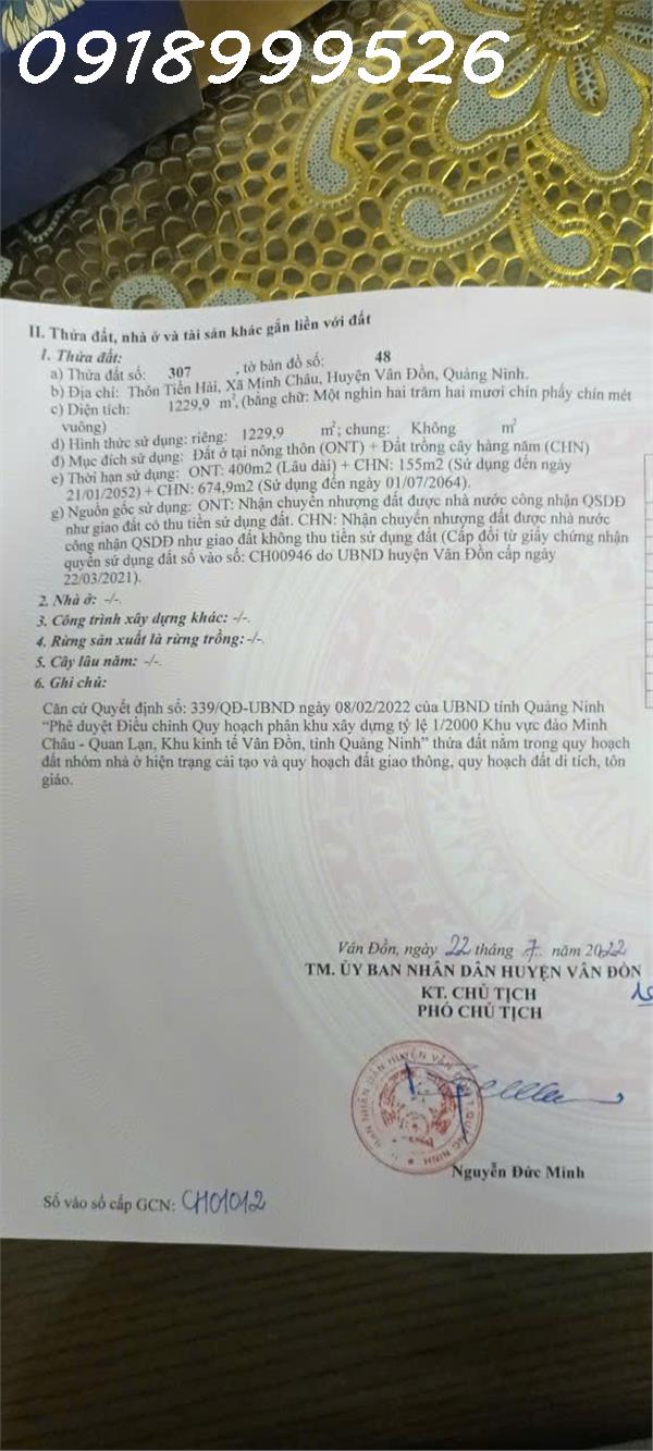  Cần tiền bán nhanh lô đất siêu đẹp mặt tiền rộng 32m Xã Minh Châu, Quảng Ninh, giá đầu tư 