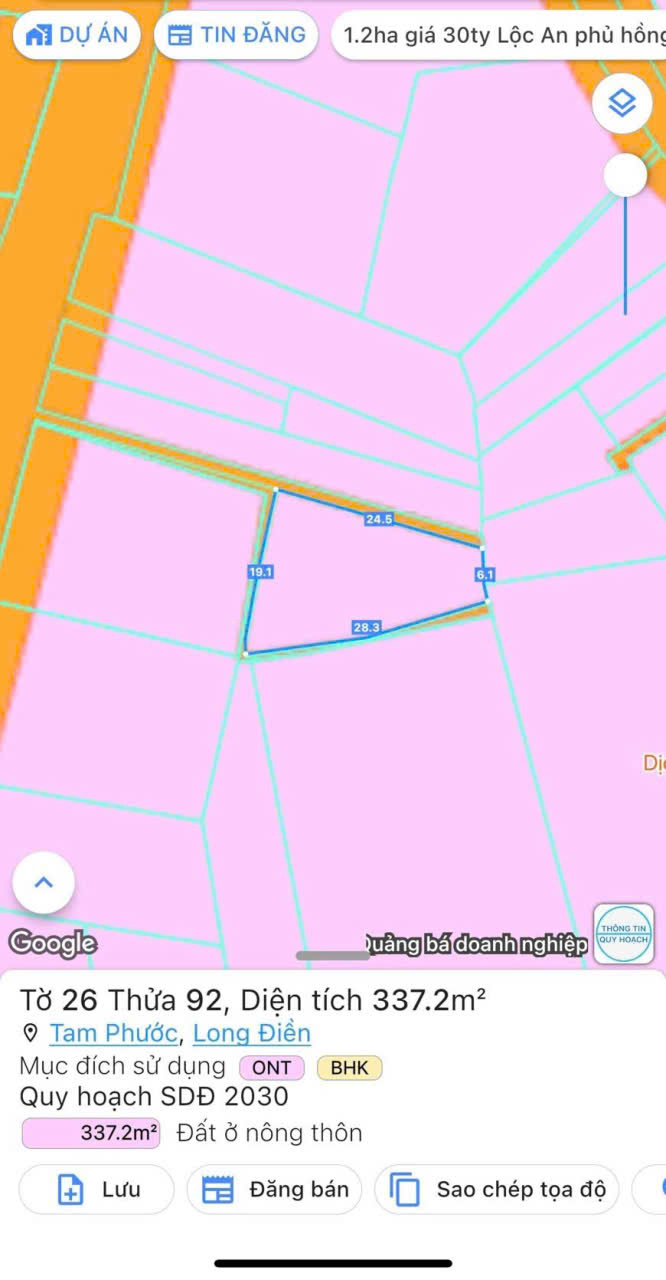  Có lô đất ở Tam Phước, Long Điền như sau:
???? DT: 338mv, sẵn 50tc, còn lại cây LN 