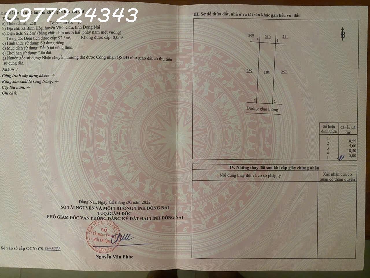  Chính chủ cần bán lô đất siêu đẹp Xã Bình Hòa, Vĩnh Cửu, Đồng Nai, DT 92,5m2, giá đầu tư 