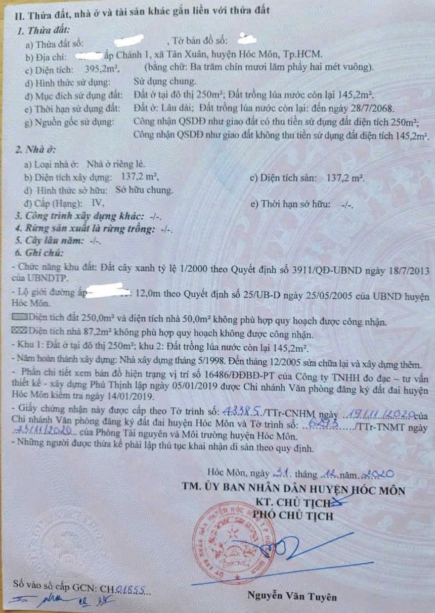  Chính Chủ Cần Bán Lô Đất Kèm Nhà Tại Xã Tân Xuân, Hóc Môn, Hồ Chí Minh 