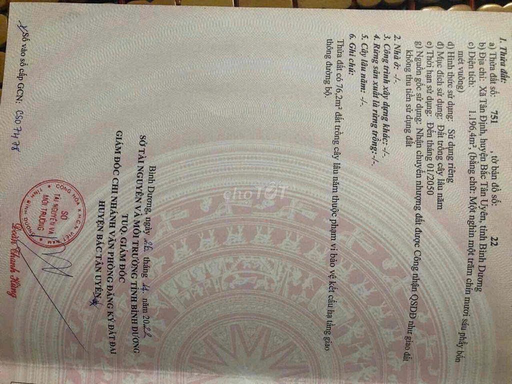  Chính Chủ Cần Bán Lô Đất Xã Tân Định, Huyện Bắc Tân Uyên, Bình Dương 