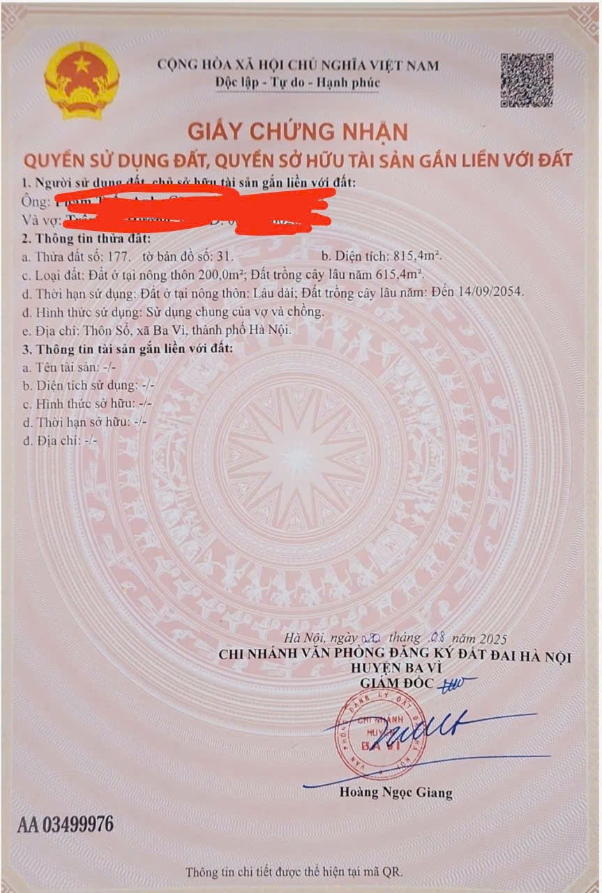  LÔ ĐẤT VỊ TRÍ ĐẸP- GIÁ TỐT chính chủ cần bán nhanh lô đất tiềm năng đầu tư tại xã Ba Vì, Tp Hà Nội 