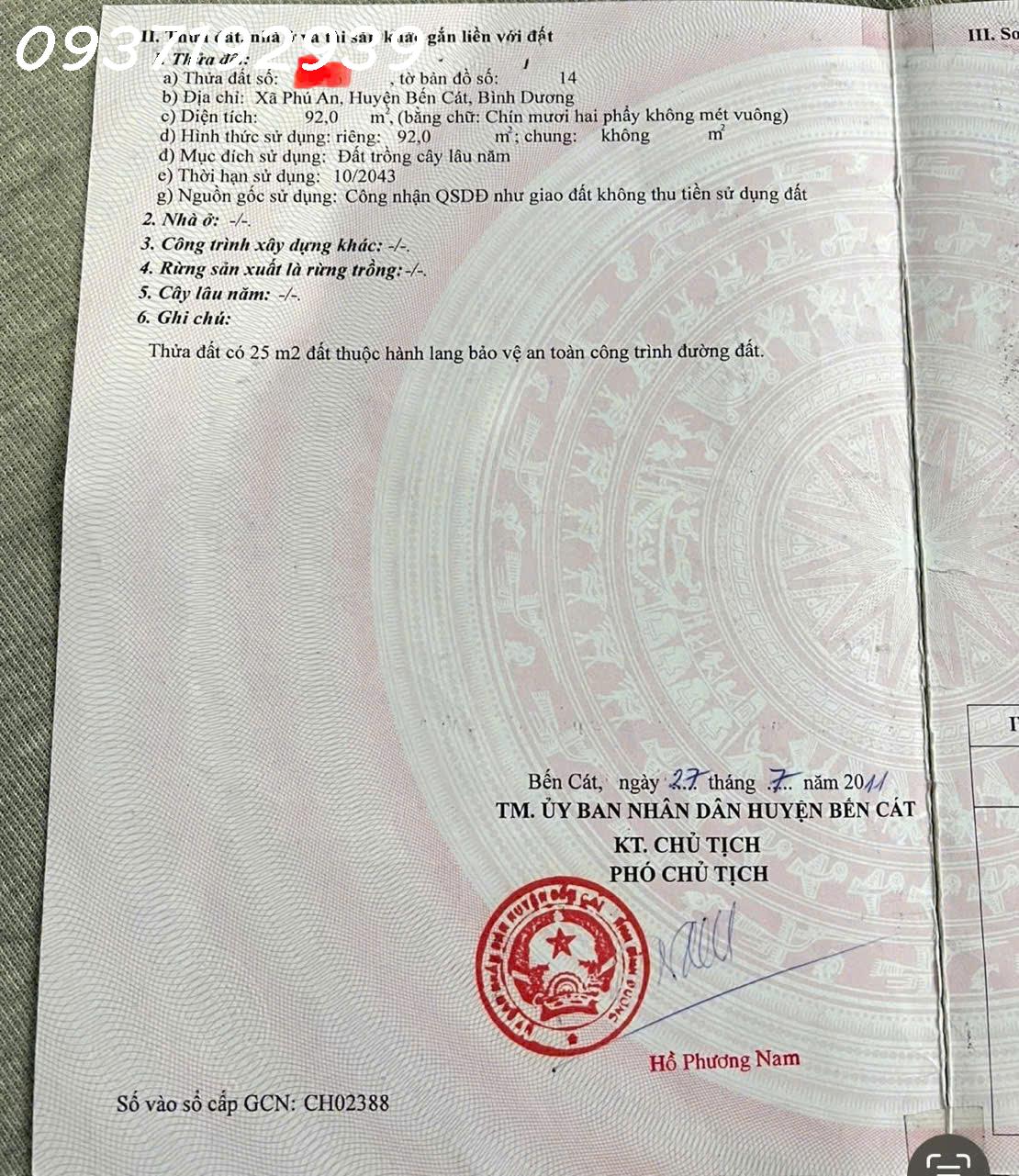  Siêu phẩm đất MT Đường Phú An 023 , Huyện Bến Cát TP HCM, DT 92m2, giá đầu tư 