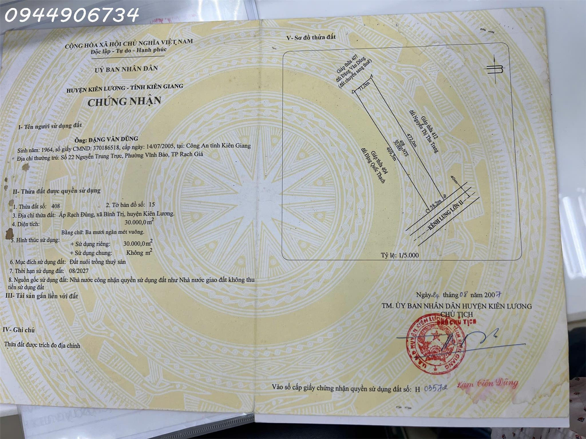  Cần tiền bán nhanh lô đất Xã Bình Trị, Kiên Lương, Kiên Giang, DT 30.000 m2, giá 1.6 tỷ 