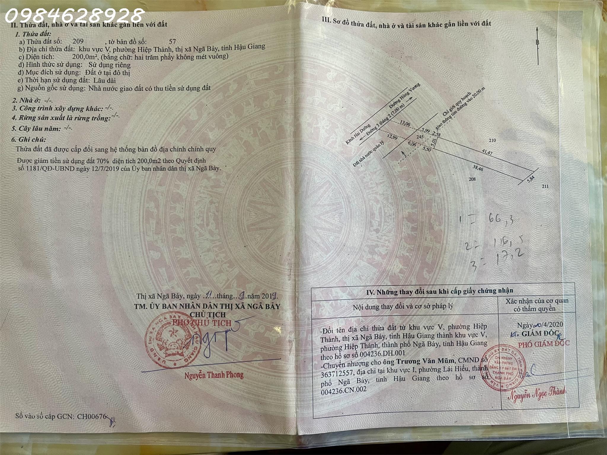  Chính chủ cần bán lô đất siêu đẹp Phường Hiệp Thành, Ngã Bảy, Hậu Giang, DT 250m2, giá 1,4 tỷ 