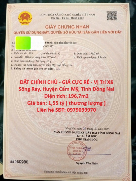  ĐẤT CHÍNH CHỦ - GIÁ CỰC RẺ - Vị Trí Xã Sông Ray, Huyện Cẩm Mỹ, Tỉnh Đồng Nai 