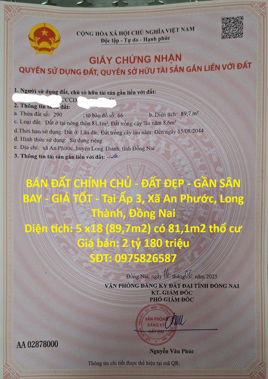  BÁN ĐẤT CHÍNH CHỦ - ĐẤT ĐẸP - GẦN SÂN BAY - GIÁ TỐT - Tại khu trung tâm Long Thành, Đồng Nai. 