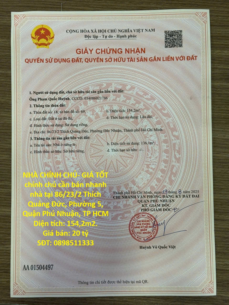  NHÀ CHÍNH CHỦ- GIÁ TỐT chính chủ cần bán nhanh nhà tại phường 5, Quận Phú Nhuận, TP HCM 