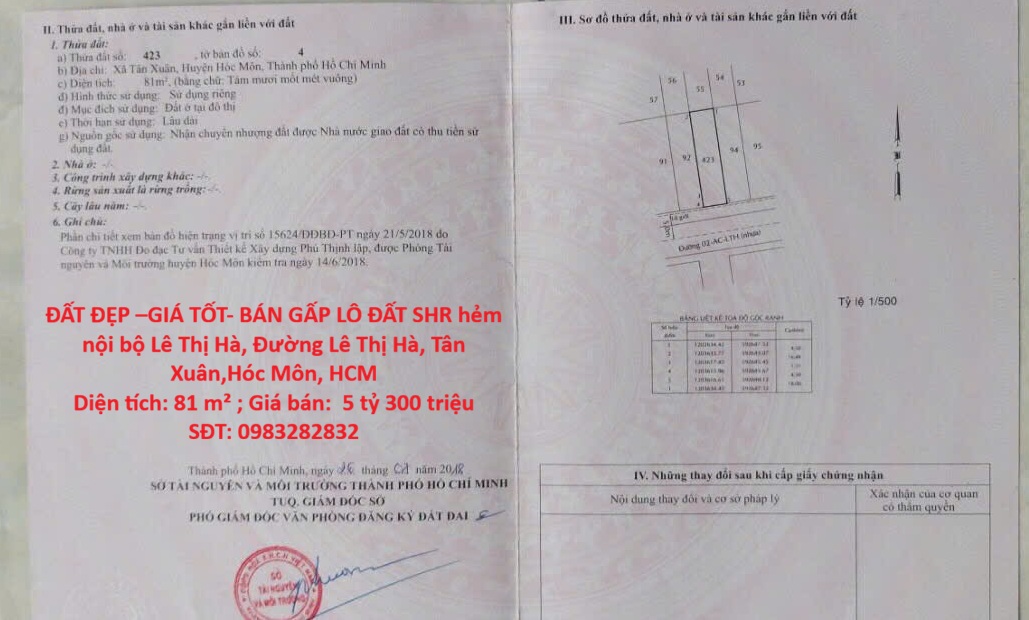  ĐẤT ĐẸP –GIÁ TỐT- BÁN GẤP LÔ ĐẤT SHR hẻm nội bộ Lê Thị Hà, Đường Lê Thị Hà, Tân Xuân,Hóc Môn, HCM 