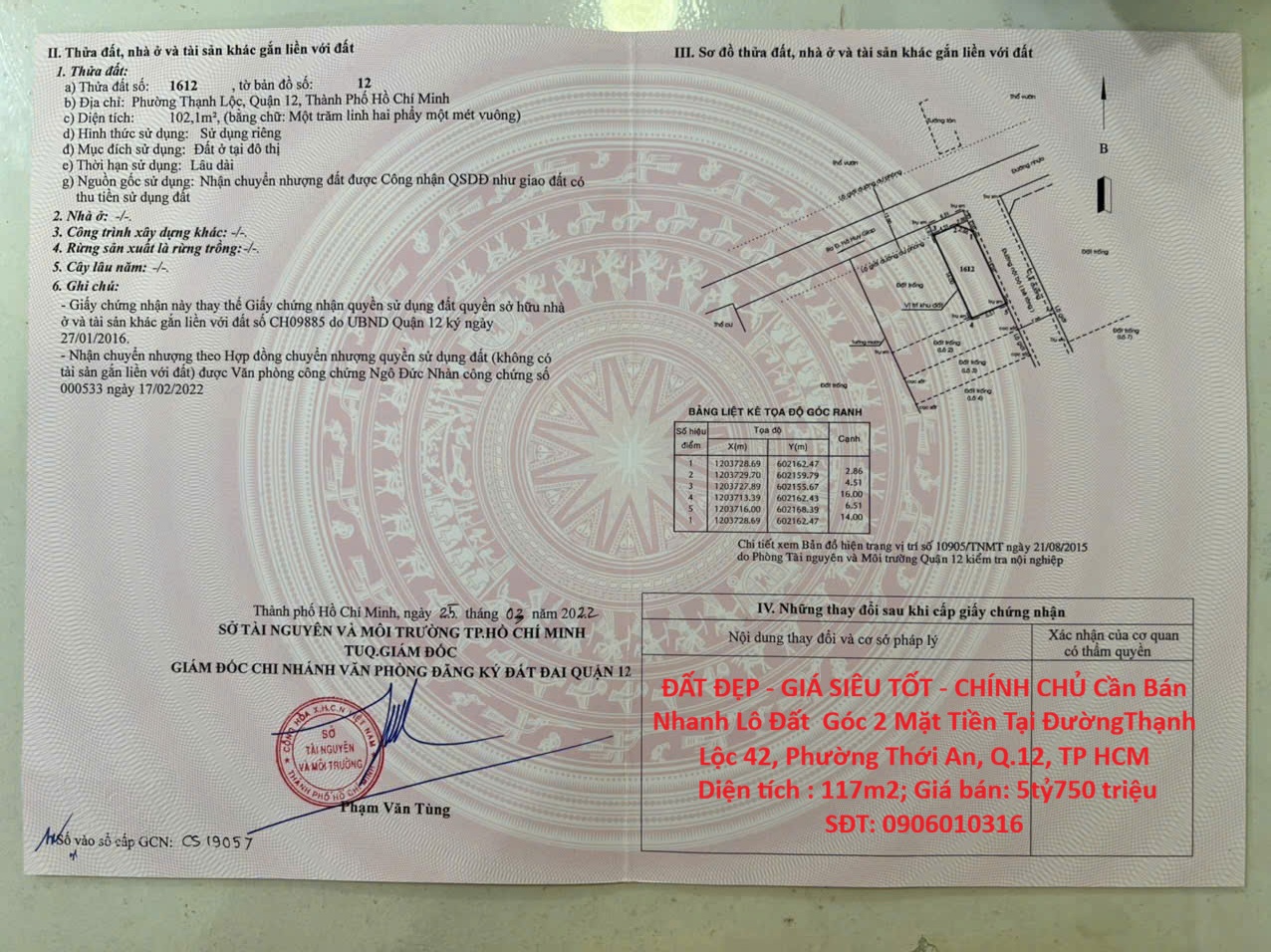  ĐẤT ĐẸP - GIÁ SIÊU TỐT - CHÍNH CHỦ Cần Bán Nhanh Lô Đất  Góc 2 Mặt Tiền Tại Quận 12, TP HCM 
