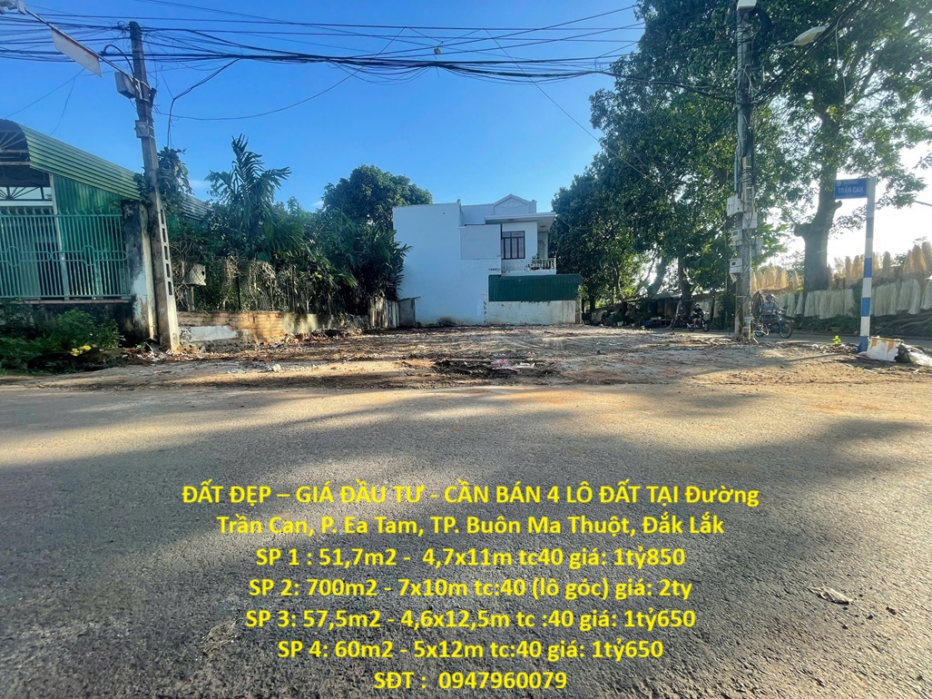  ĐẤT ĐẸP – GIÁ ĐẦU TƯ - CẦN BÁN 4 LÔ ĐẤT TẠI Đường Trần Can, P. Ea Tam, TP. Buôn Ma Thuột, Đắk Lắk 