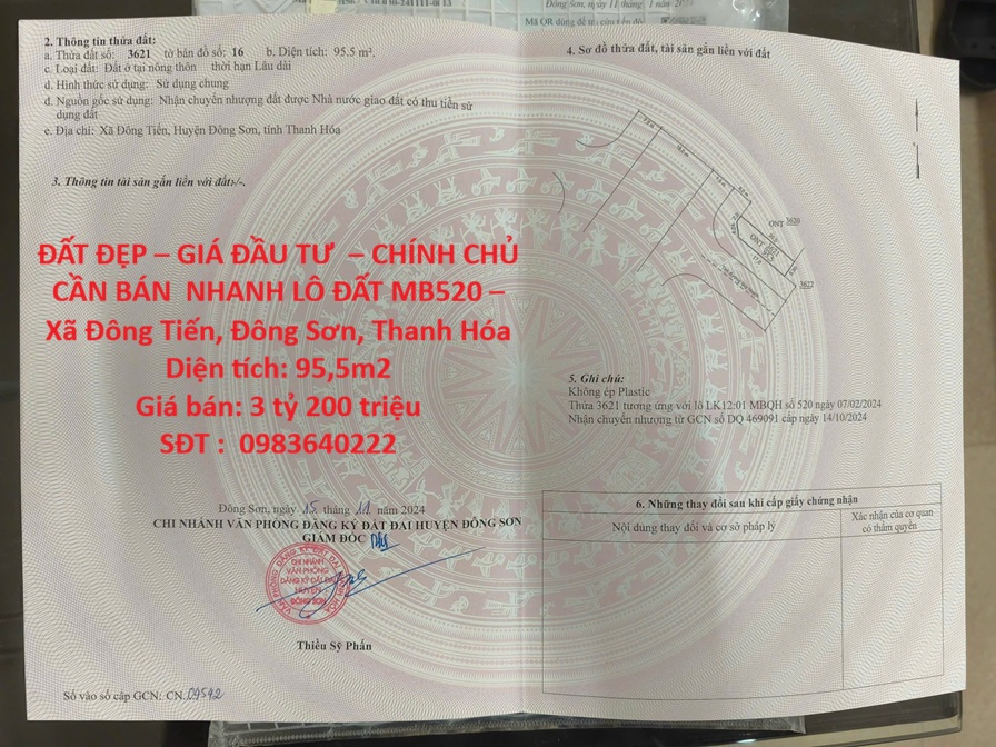  ĐẤT ĐẸP – GIÁ ĐẦU TƯ  – CHÍNH CHỦ CẦN BÁN  NHANH LÔ ĐẤT MB520 – Xã Đông Tiến, Đông Sơn, Thanh Hóa 