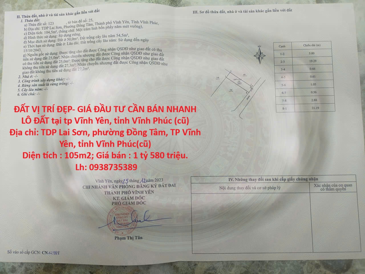  ĐẤT VỊ TRÍ ĐẸP- GIÁ ĐẦU TƯ CẦN BÁN NHANH LÔ ĐẤT tại tp Vĩnh Yên, tỉnh Vĩnh Phúc (cũ) 